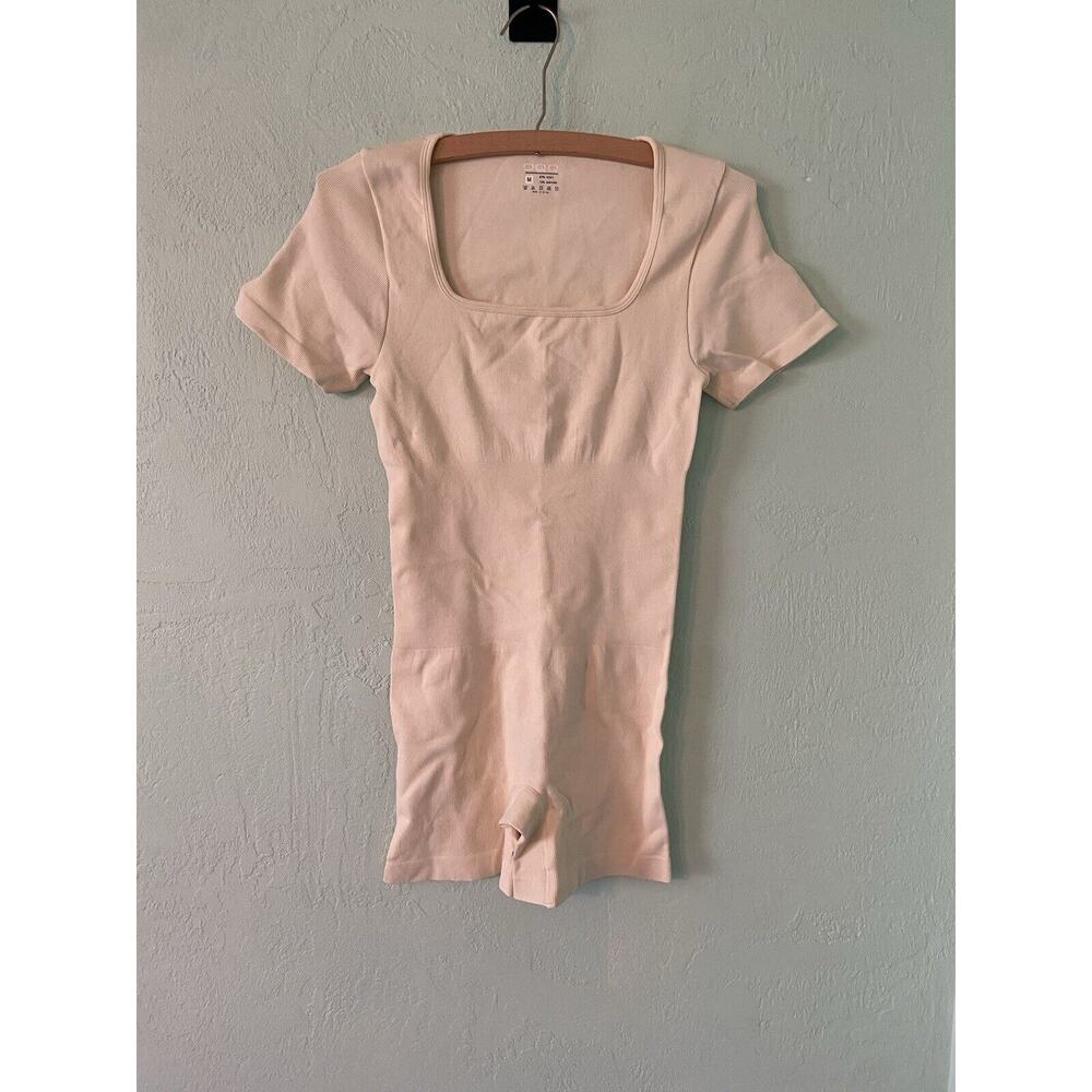 OQQ Women’s Med Beige Yoga Ribbed Romper Workout Exercise Tummy Thigh Control